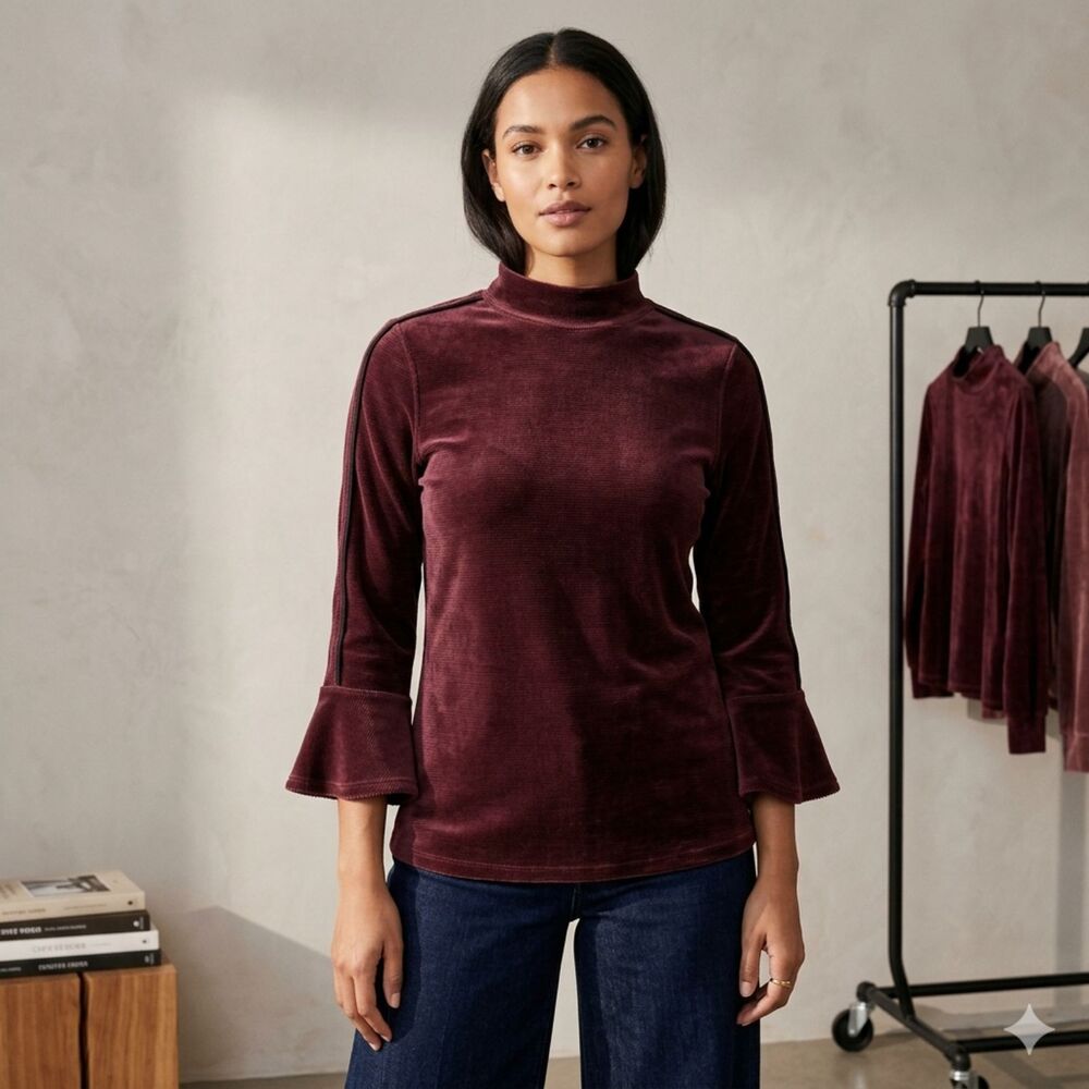 Free People Velour Knit Mock-neck top Bell Sleeve Contrast Piping Burgundy Sz S